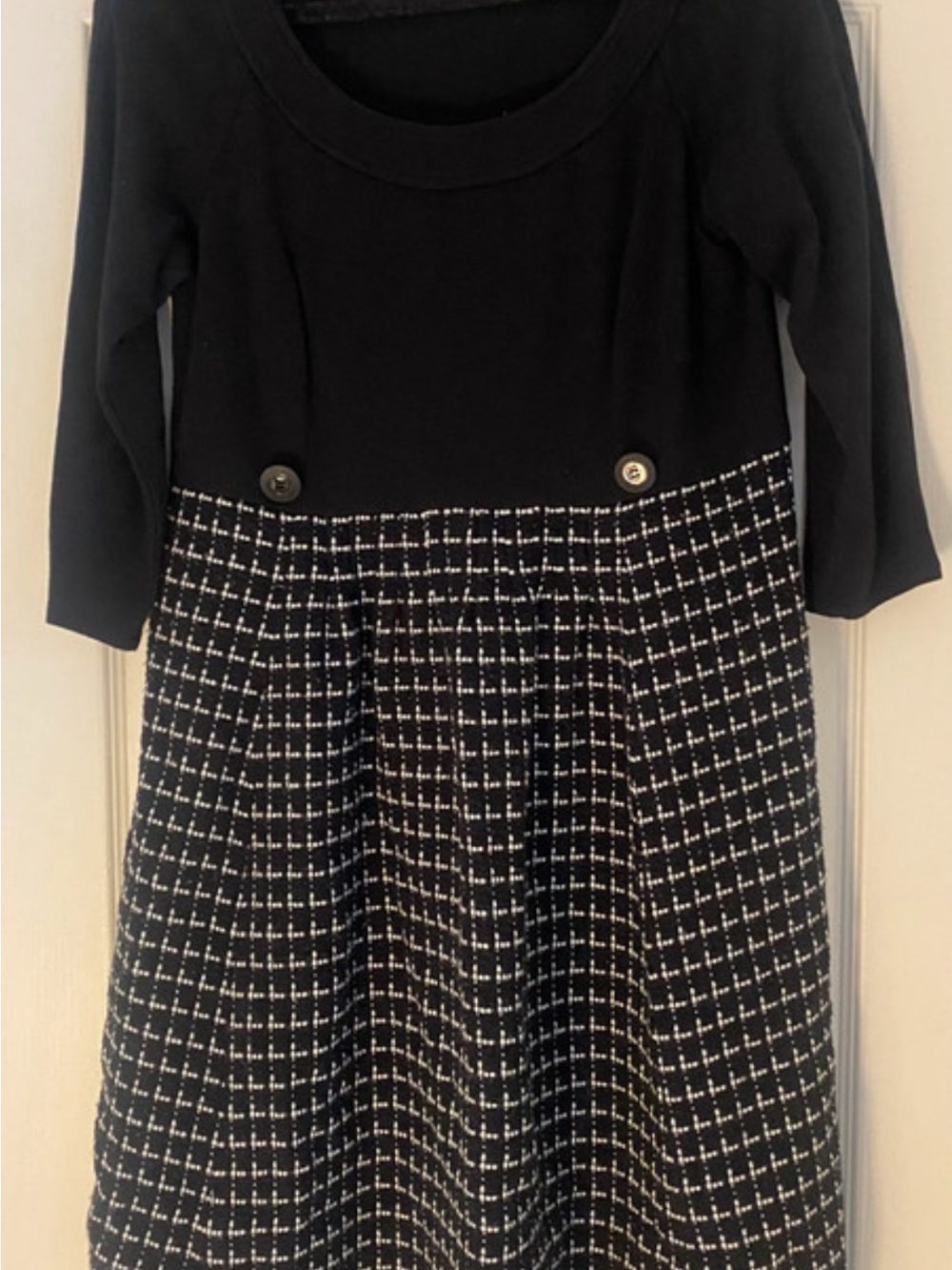 Black & White Tweed Midi Dress with Button Waist Detail